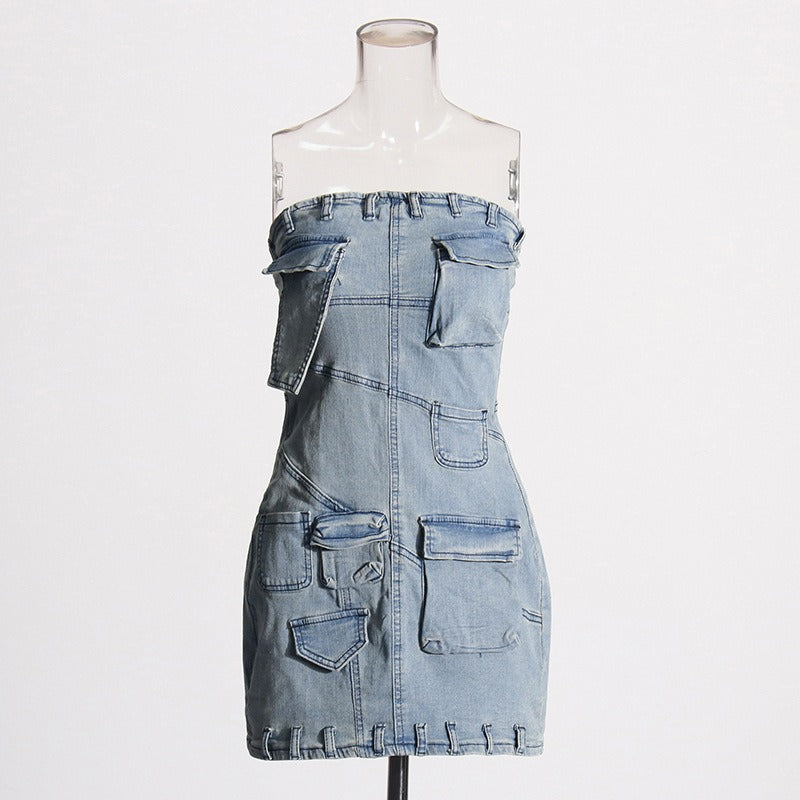 Fashionable workwear style denim strapless skirt, new patchwork pocket design, slim fit and slimming short dress for women