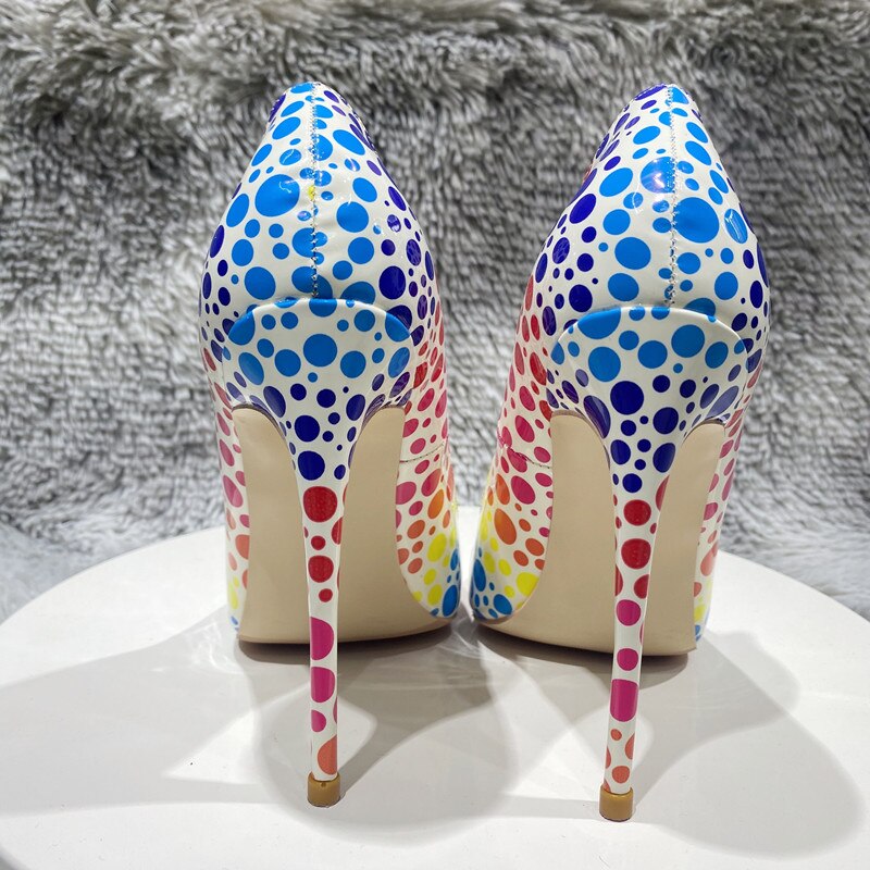 Tikicup Colorful Spotted Print Women Glossy Pointy Toe High Heel Shoes Comfortable Slip On Stiletto Pumps for Floral Dress、