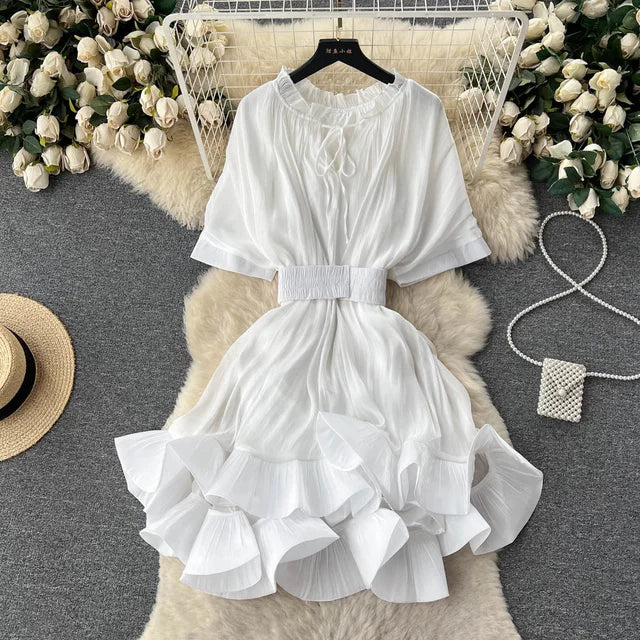 Summer lace up waist ruffled hem fluffy dress