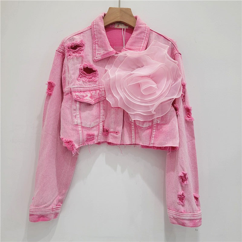 Three dimensional flower fashion tie dye pink personalized perforated pink stylish short denim jacket women's stylish jacket