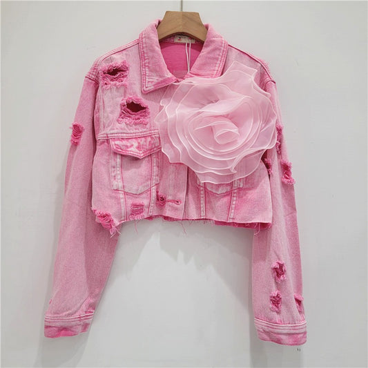 Three dimensional flower fashion tie dye pink personalized perforated pink stylish short denim jacket women's stylish jacket