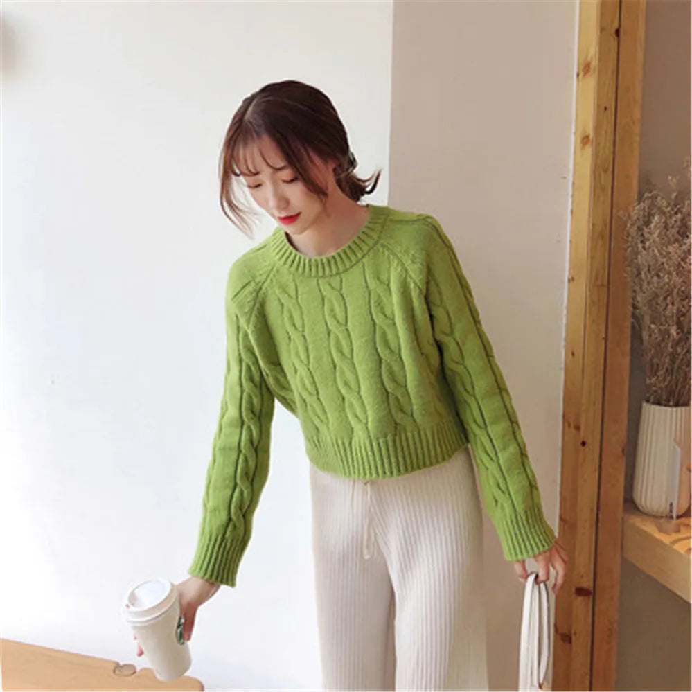 Autumn New Long Sleeve Short Knitwear Winter Women Jumper Green Korean Solid Casual Loose Warm Knitted Pullovers Women