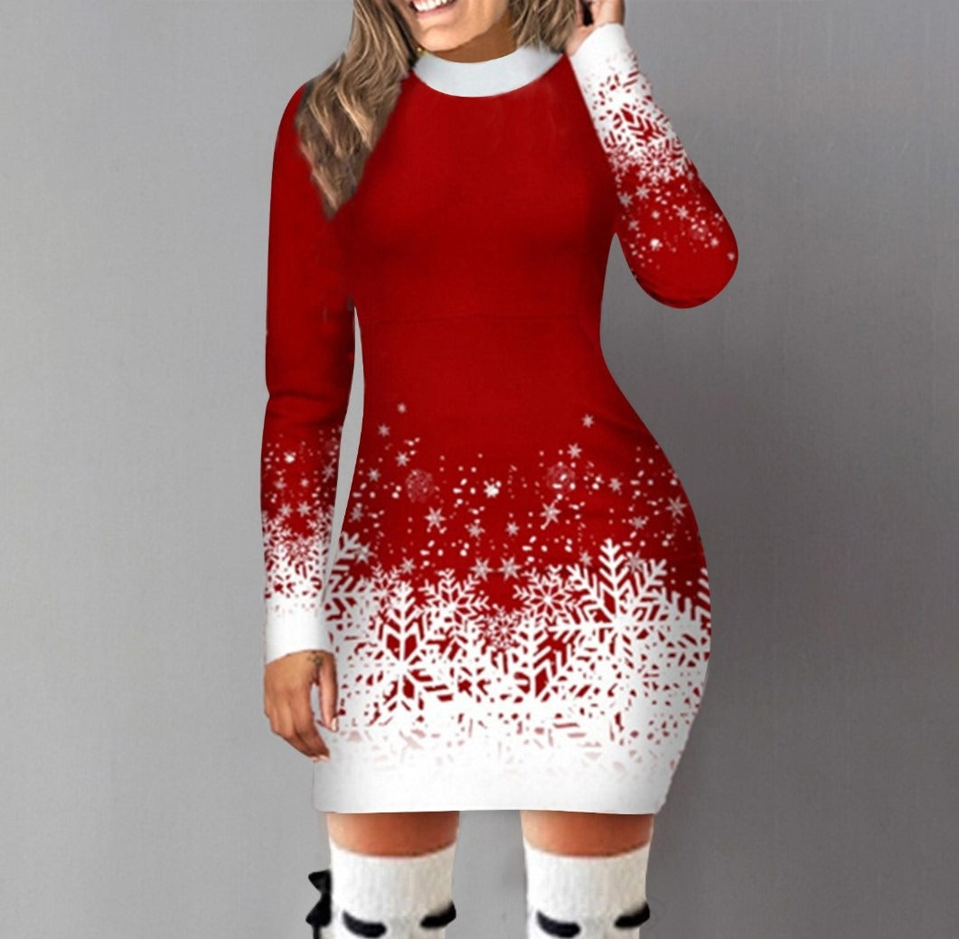 Women's A-line Christmas print long-sleeved dress