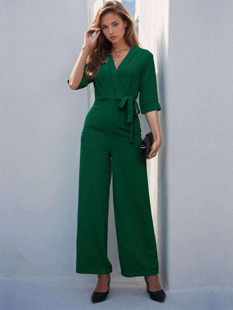 New European and American summer women's mid sleeved solid color long jumpsuit for women