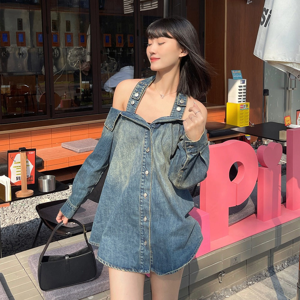 Early Spring New Modern Retro Dark Tone Wash Blue Hanging Neck Buckle Off Shoulder Loose Denim Shirt for Women