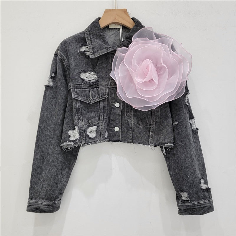 Three dimensional flower fashion tie dye pink personalized perforated pink stylish short denim jacket women's stylish jacket