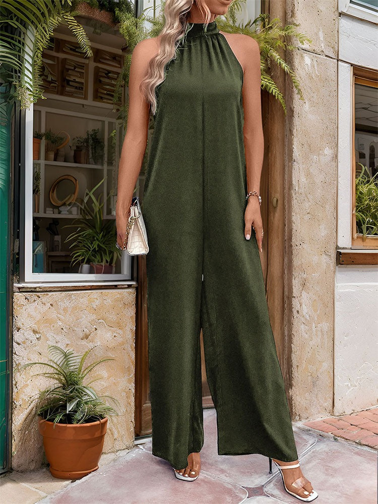 New European and American summer women's hanging neck solid color straight leg jumpsuit