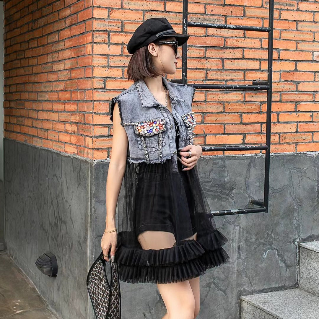 Old classic gray vest patchwork mesh slim fit doll skirt hem