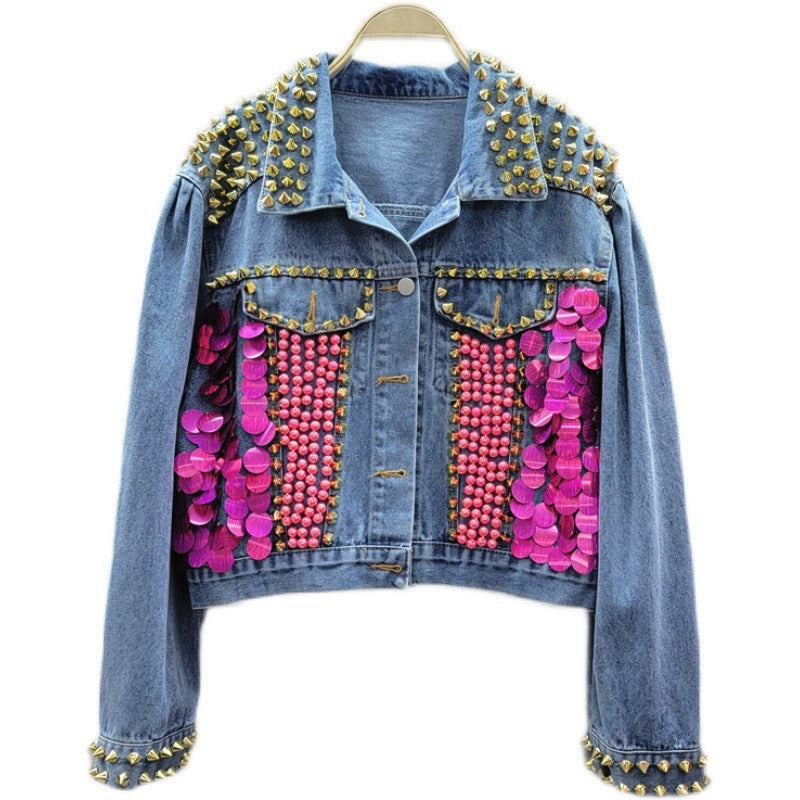 Heavy industry diamond studded sequined puff sleeve short denim jacket for women