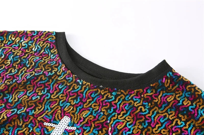 Summer New Round Neck Rainbow Sequins Patchwork Women's Tops Streetwear Hip Hop Straight Night Club Contrasting Color T-Shirt