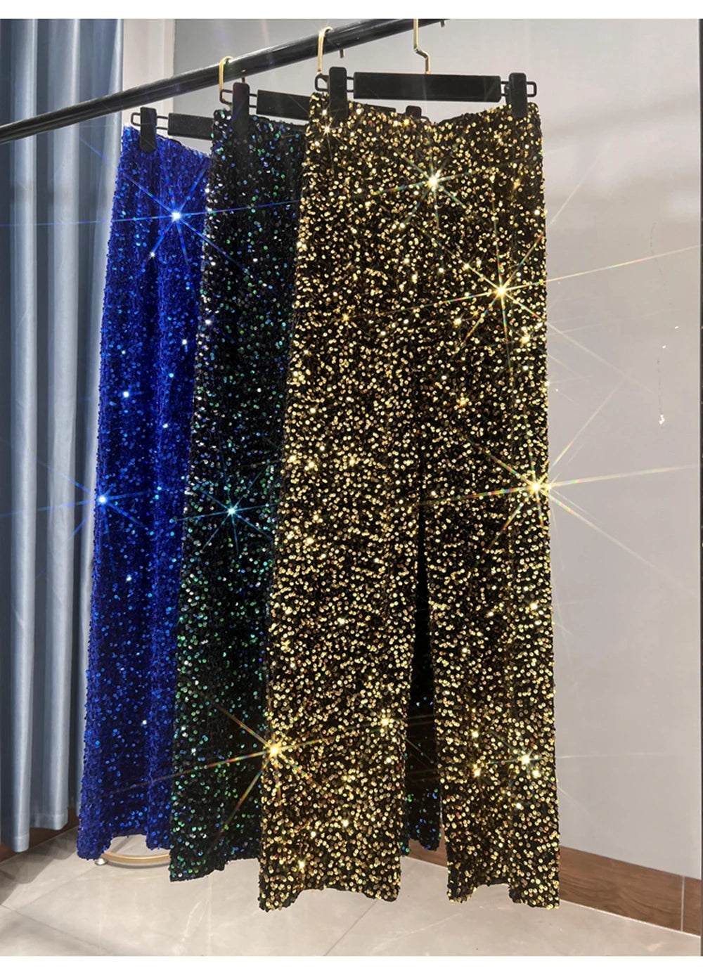 Velvet Sequined Leggings with Elongated Pendants Are Slim and Sparkly Casual Straight Leg Pants for Women