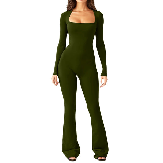 Women's long sleeved waist cinching and hip lifting square collar wide leg high elastic jumpsuit