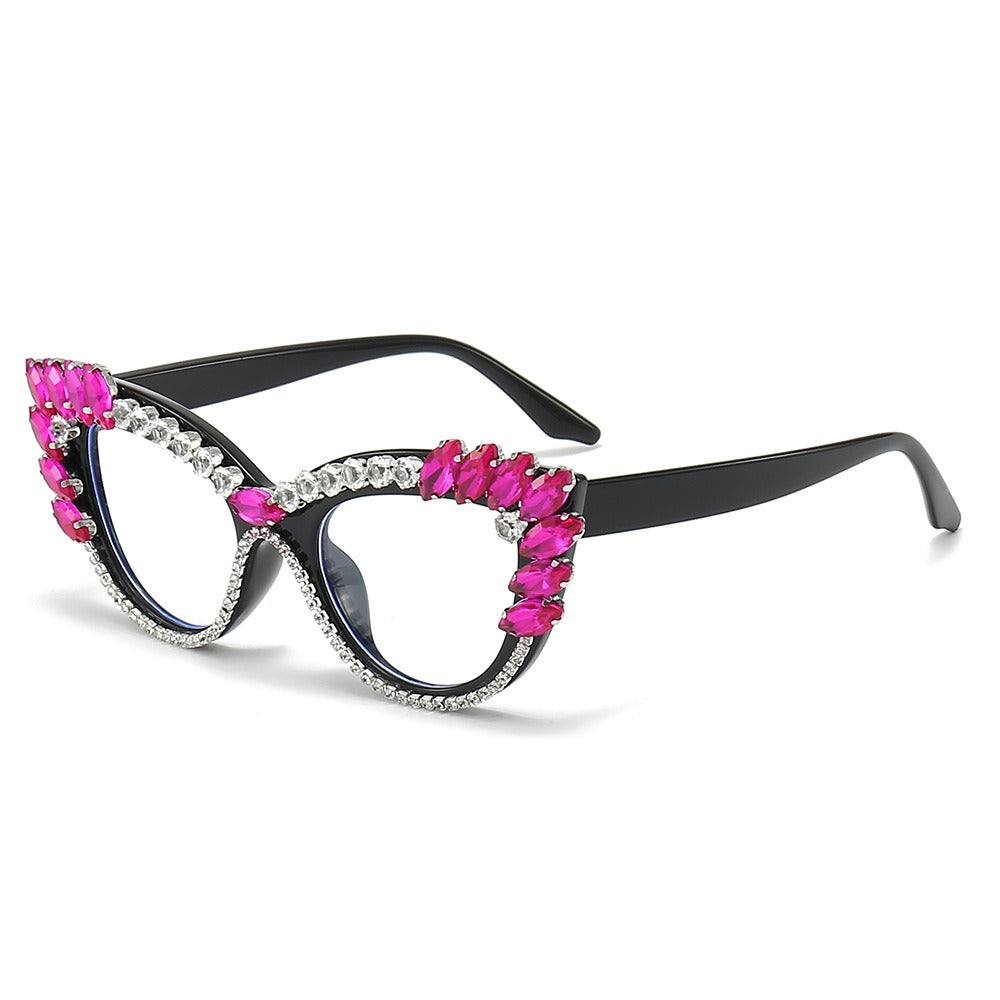 Cat-eye diamond-encrusted anti-blue light flat glasses