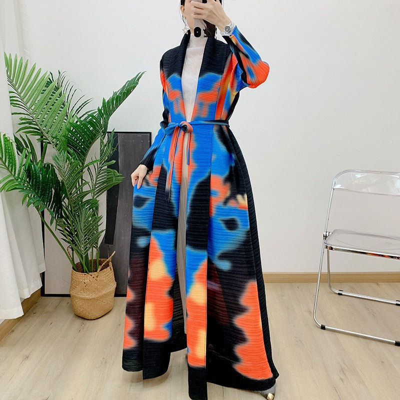 Pleated printed cardigan dress robe fashionable versatile coat loose retro mid-length skirt