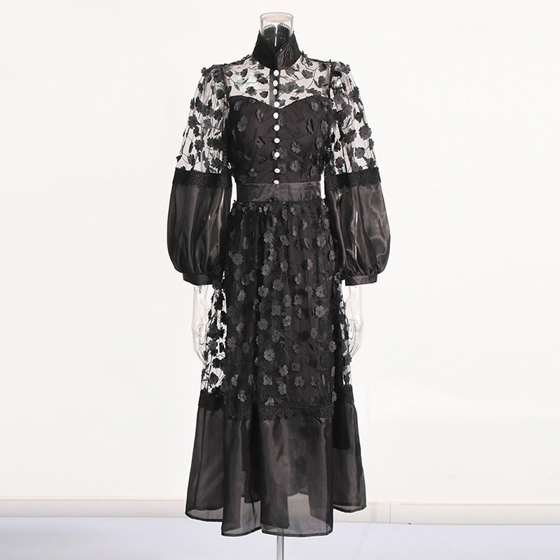 Stand collar mesh see-through puff sleeves three-dimensional floral mesh dress for women