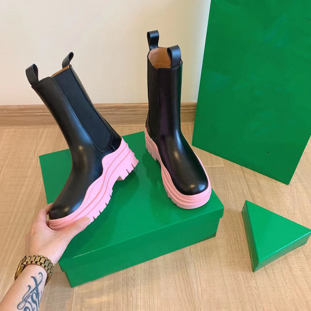 Women Chunky Heel Mid Calf Boots Luxury Brand Chelsea Boots Platform Biker Boots Street Leather Ladies Boots Botas