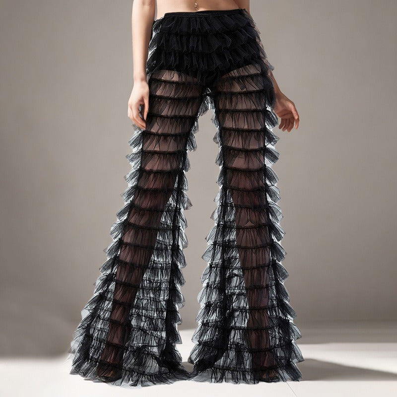 European and American style see-through trousers sexy high waist layered mesh splicing design flared