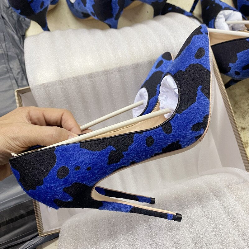 Tikicup Blue Cow Women Hairy Flock Pointy Toe High Heel Shoes Comfortable Elegant Ladies Formal Dress Slip On Stiletto Pumps