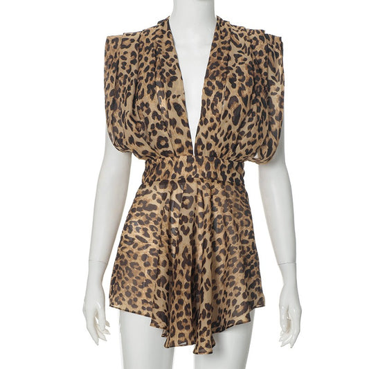 Leopard print sleeveless low cut sexy strap dress