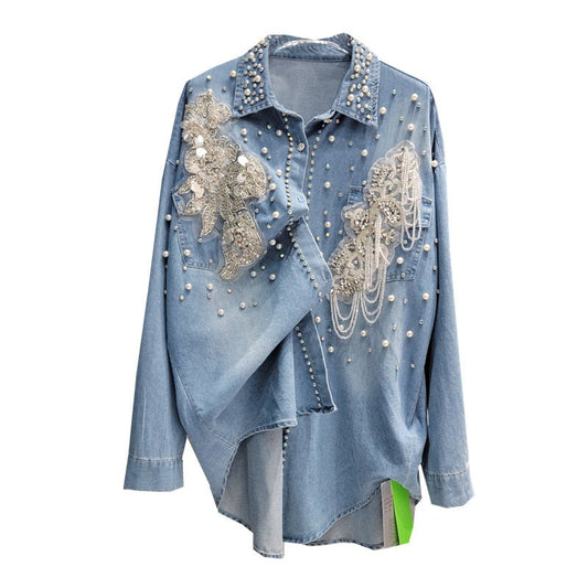 Floral Denim Shirt Women's Loose Slim Mid-Length Lapel Single-breasted Beaded Cardigan