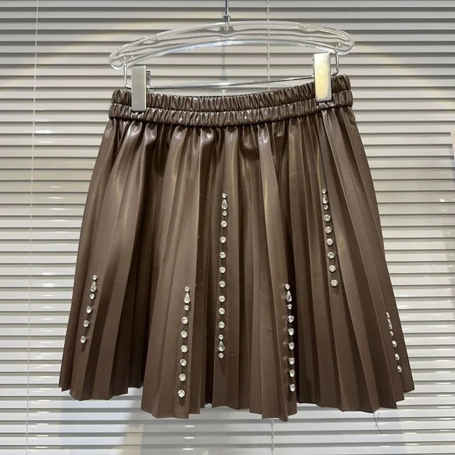 Streetwear Diamond Nail Bead PU Leather Mini Skirt For Women High Elastic Waist Pleated Skirts Autumn Female 11XX5841