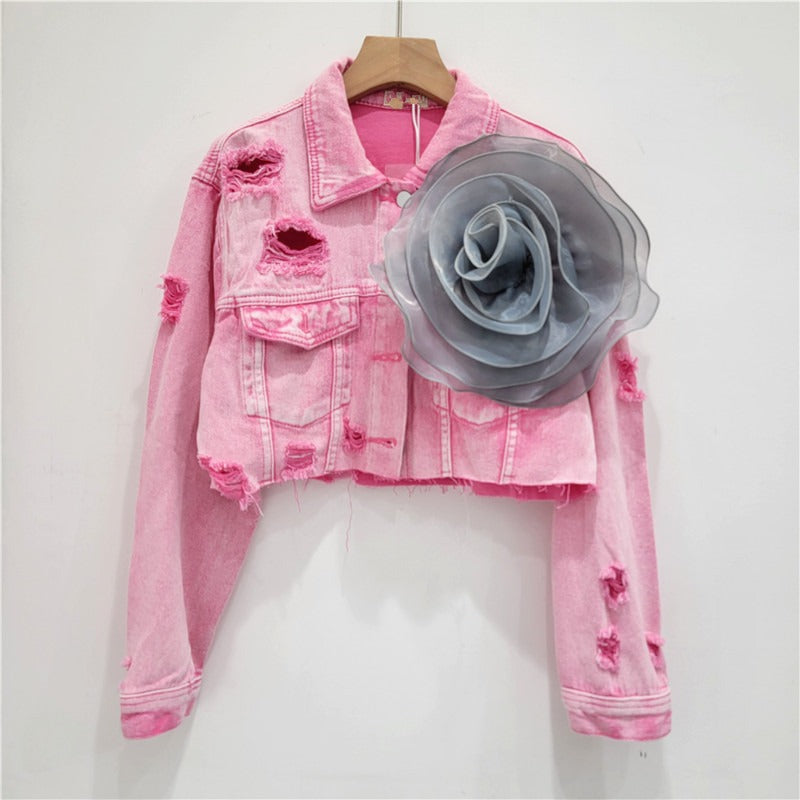 Three dimensional flower fashion tie dye pink personalized perforated pink stylish short denim jacket women's stylish jacket