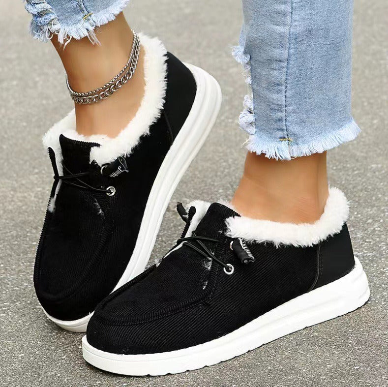 Winter Large Plush Thickened Wool Warm Flat Plush Women's Slip On Casual Shoes