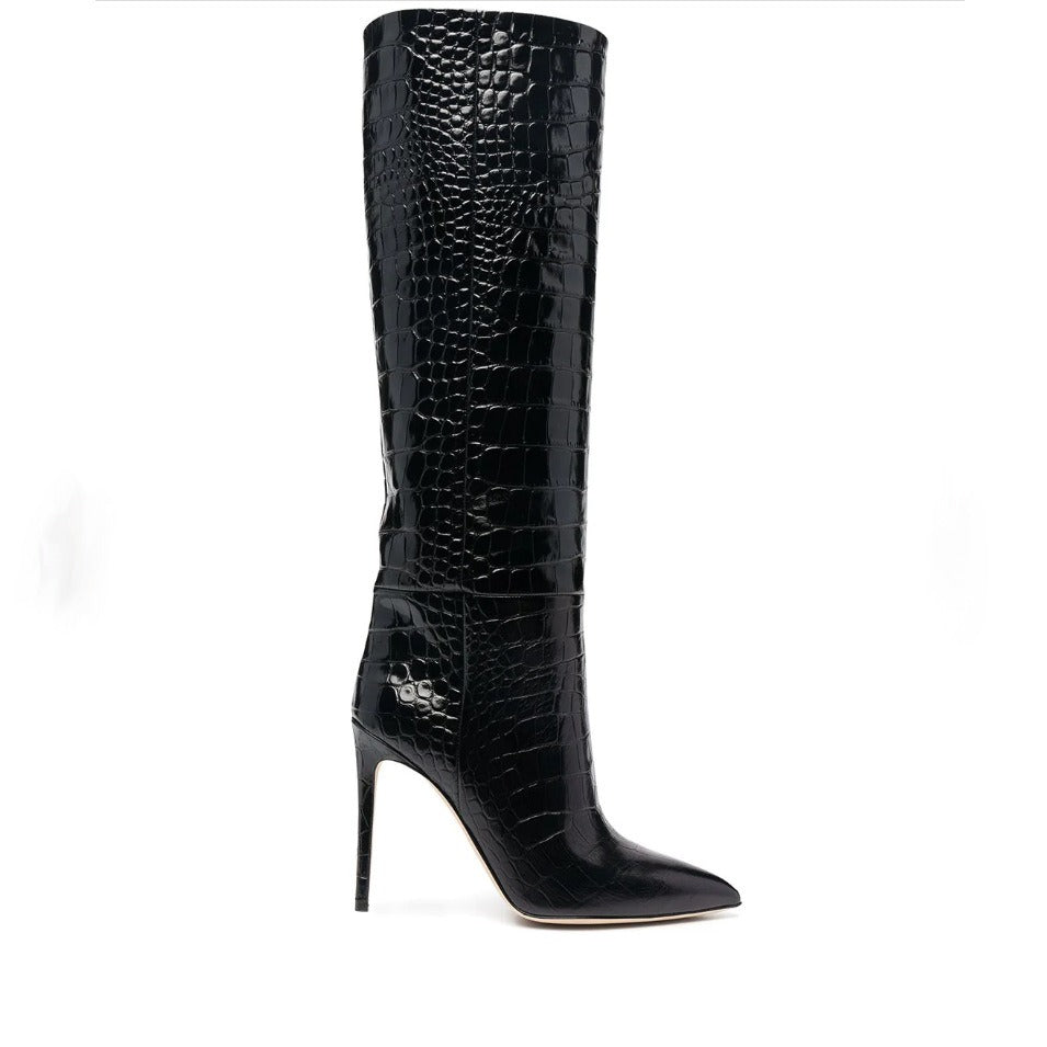 Women Neon Green Crocodile Print Boot Sexy Pointed Toe Stiletto Heels Knee-length Boots Female