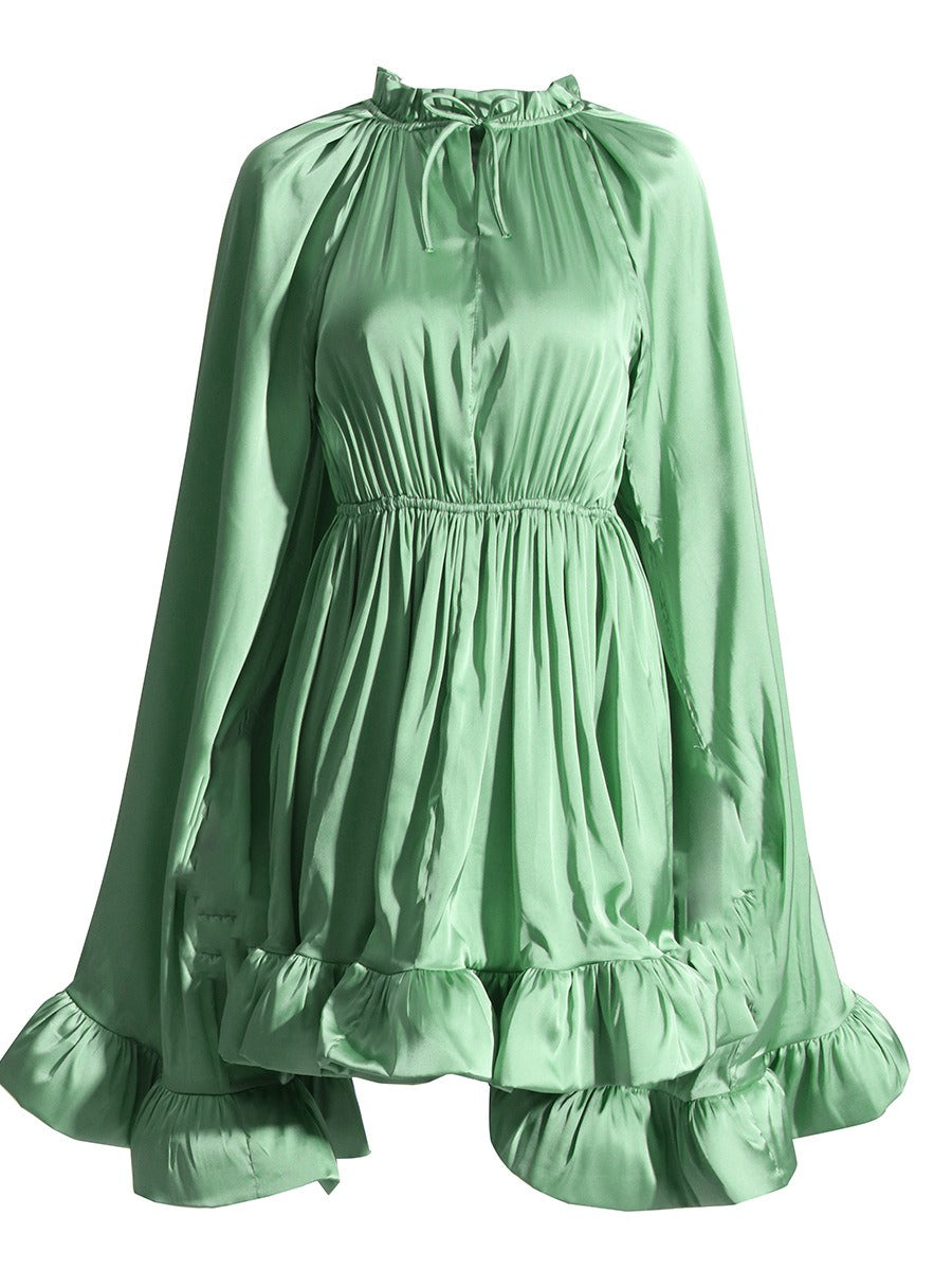 Solid color women's dress with a wooden ear collar cape and a waist cinched ruffle edge