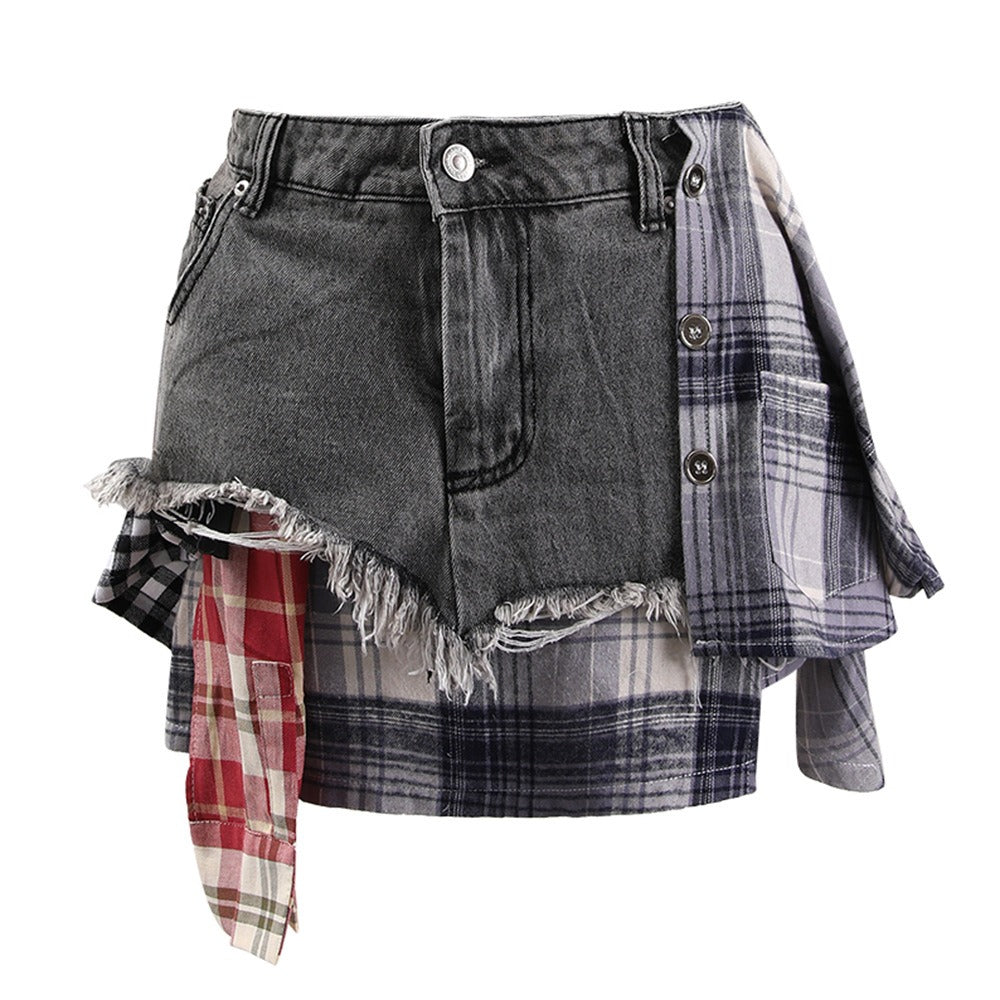 Denim skirt for women's summer new irregular plaid patchwork high waisted short skirt