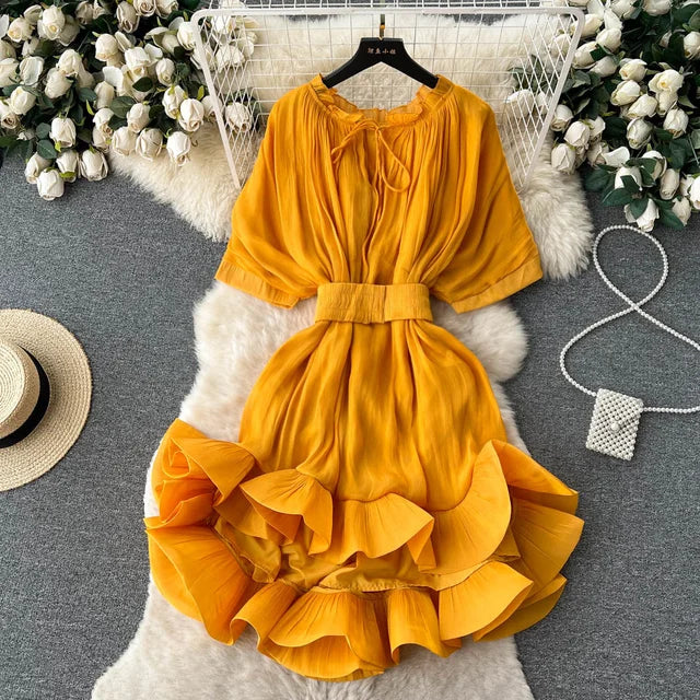 Summer lace up waist ruffled hem fluffy dress