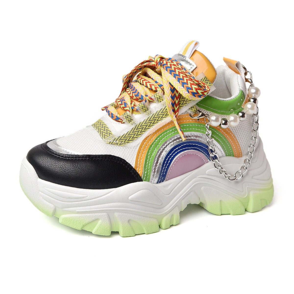 Lace Up Rainbow Colors Platform Pearls Chain Patchwork Fashion Girls Breathable Running Shoes