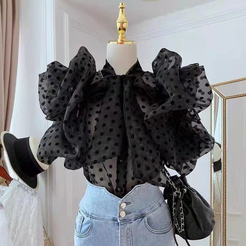 Short polka dot shirt women's bubble sleeve transparent organza top