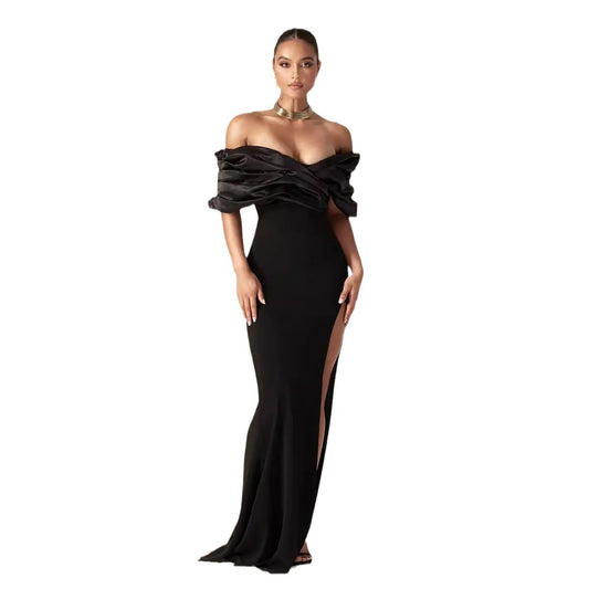 Black fashion pleated edge strapless dress for slimming, tight fitting, and floor length, with a hip hugging design