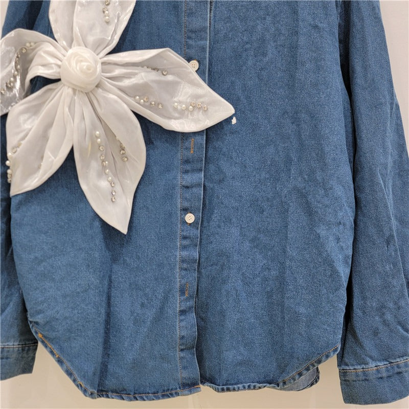 Heavy industry nail bead three-dimensional flower splicing denim shirt women's jacket shirt top