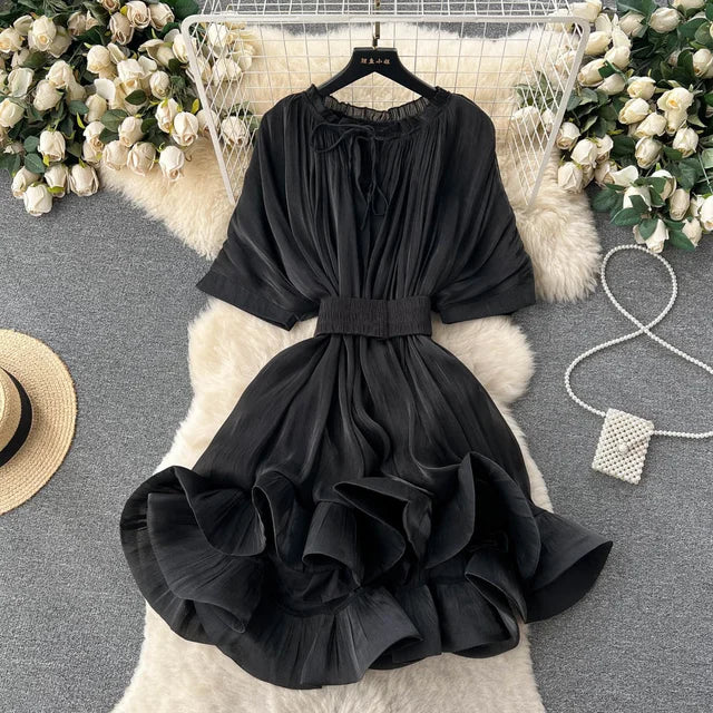 Summer lace up waist ruffled hem fluffy dress