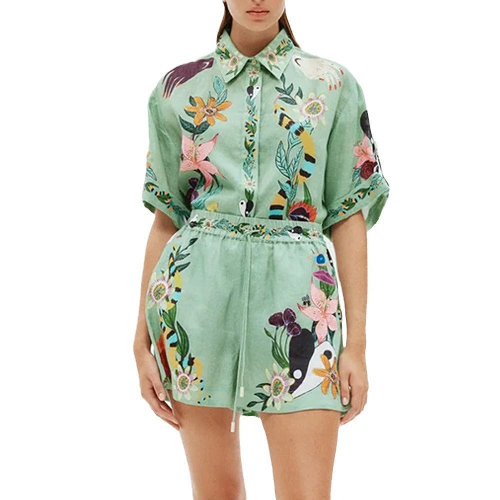 Women's hot fashion casual lapel shirt shorts loose print set two-piece set for summer women