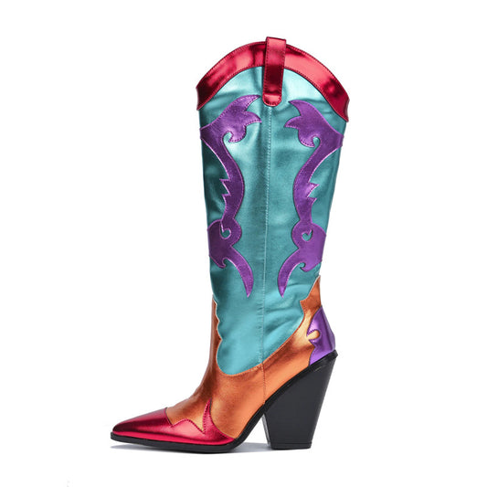 Women Patchwork Boots Shiny Metallic Leather Knee High Boots Pointy Toe Western Cowboy Boots