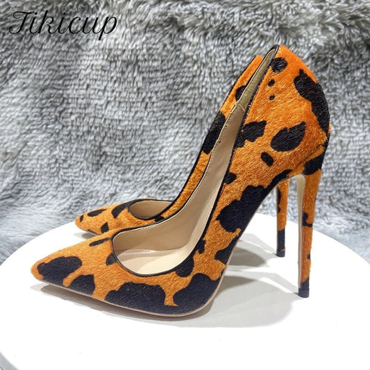 Tikicup Orange Cow Print Hairy Flock Women Pointy Toe High Heel Shoes 8cm 10cm 12cm Slip On Sexy Stiletto Pumps for Party Dress