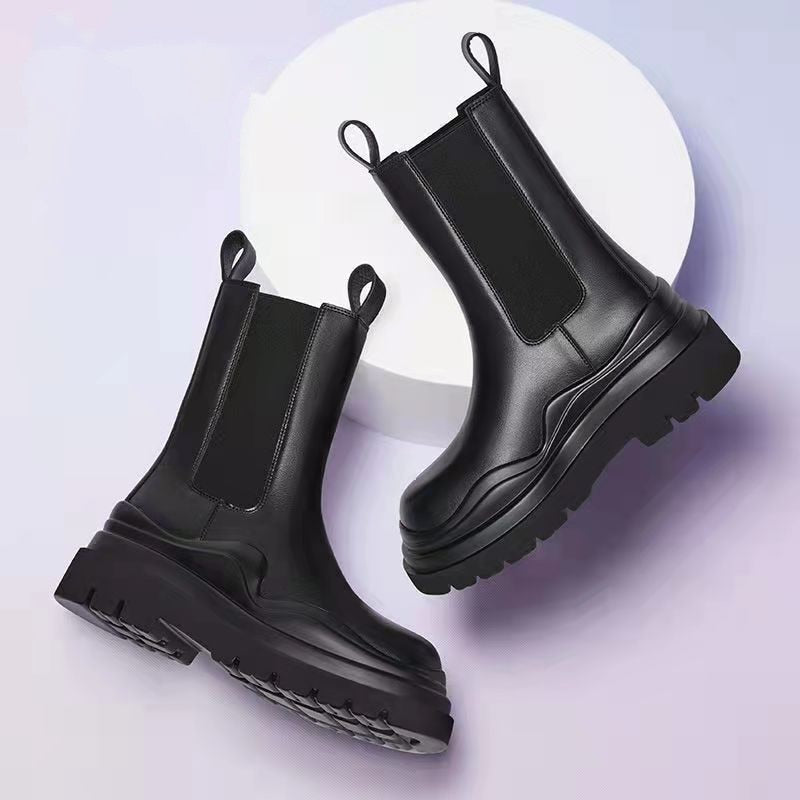 Women Chunky Heel Mid Calf Boots Luxury Brand Chelsea Boots Platform Biker Boots Street Leather Ladies Boots Botas