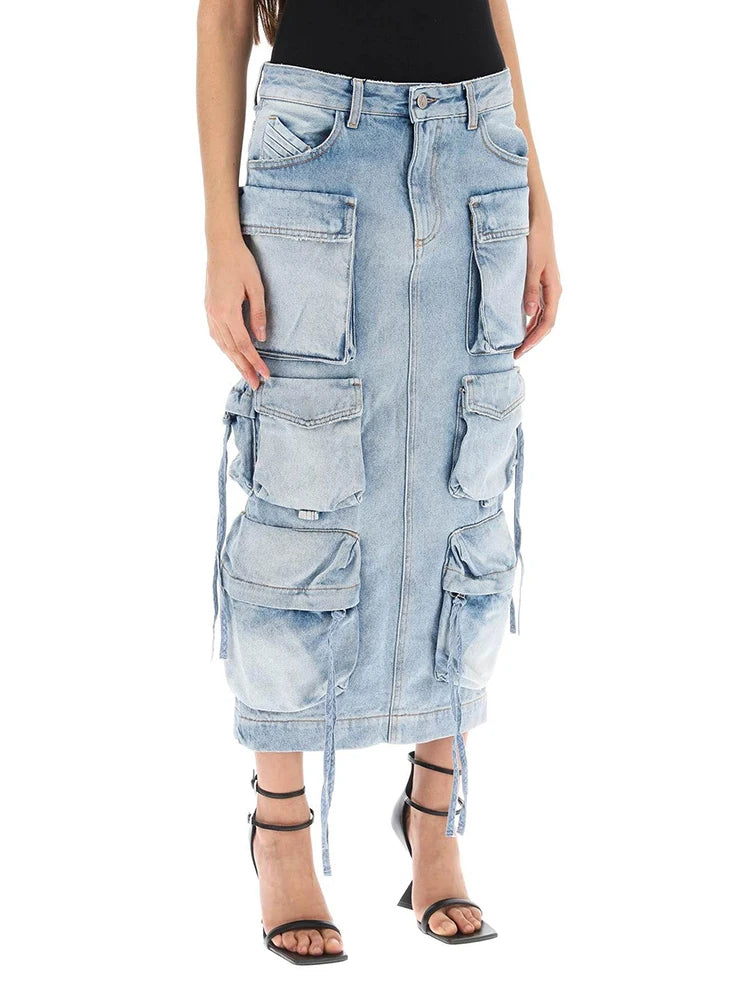 Solid Casual Loose Denim Skirt For Women High Waist Patchwork Pocket Designer Cargo Skirts Female Fashion New