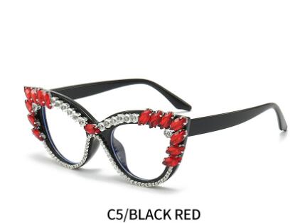 Cat-eye diamond-encrusted anti-blue light flat glasses