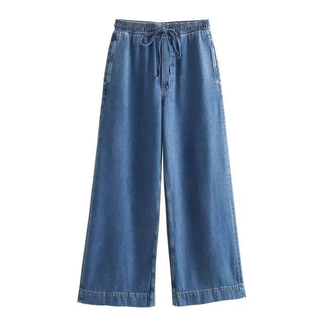 Women's Retro Lapel Pocket Long Sleeve Casual Shirt Set Elastic Waist Belted Women's Loose Denim Wide Leg Pants 2-piece