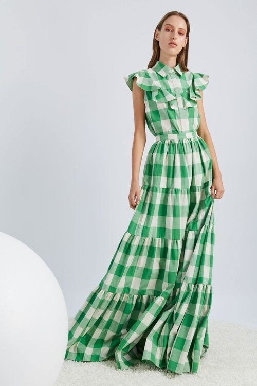 Checkered printed long skirt with large hem dress