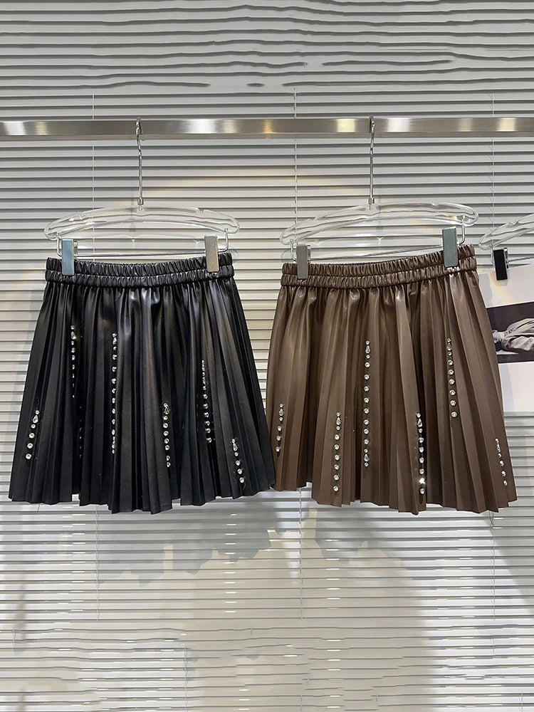 Streetwear Diamond Nail Bead PU Leather Mini Skirt For Women High Elastic Waist Pleated Skirts Autumn Female 11XX5841