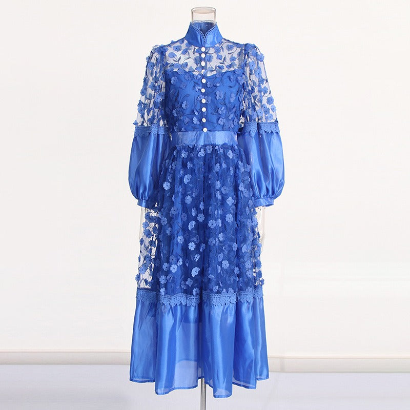 Stand collar mesh see-through puff sleeves three-dimensional floral mesh dress for women