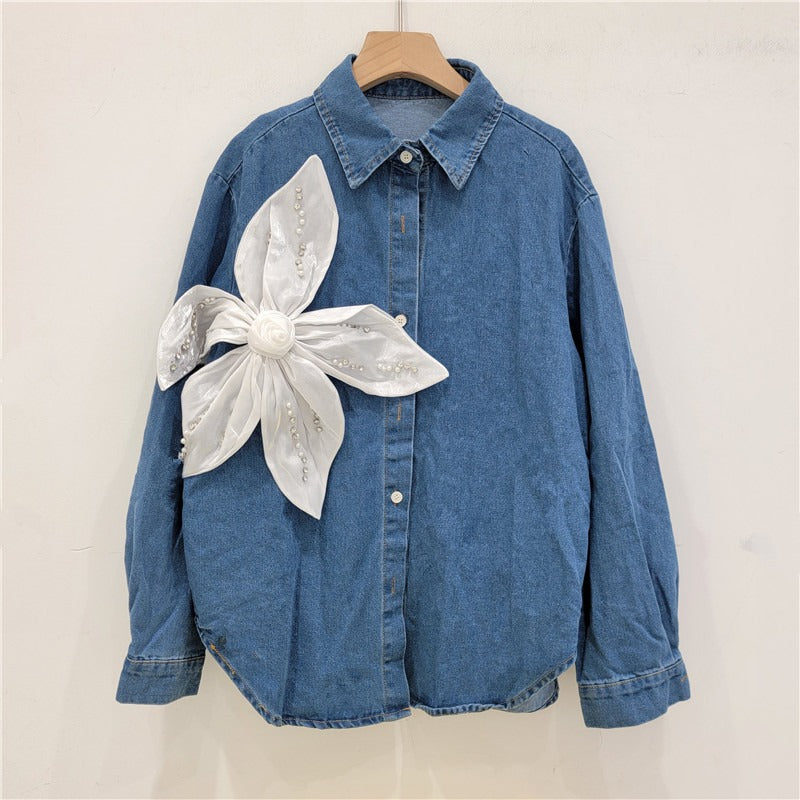 Heavy industry nail bead three-dimensional flower splicing denim shirt women's jacket shirt top