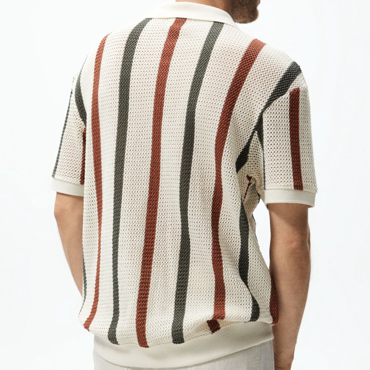 Thick needle hollowed out knit shirt with striped contrasting color woolen casual polo shirt as a Father's Day gift