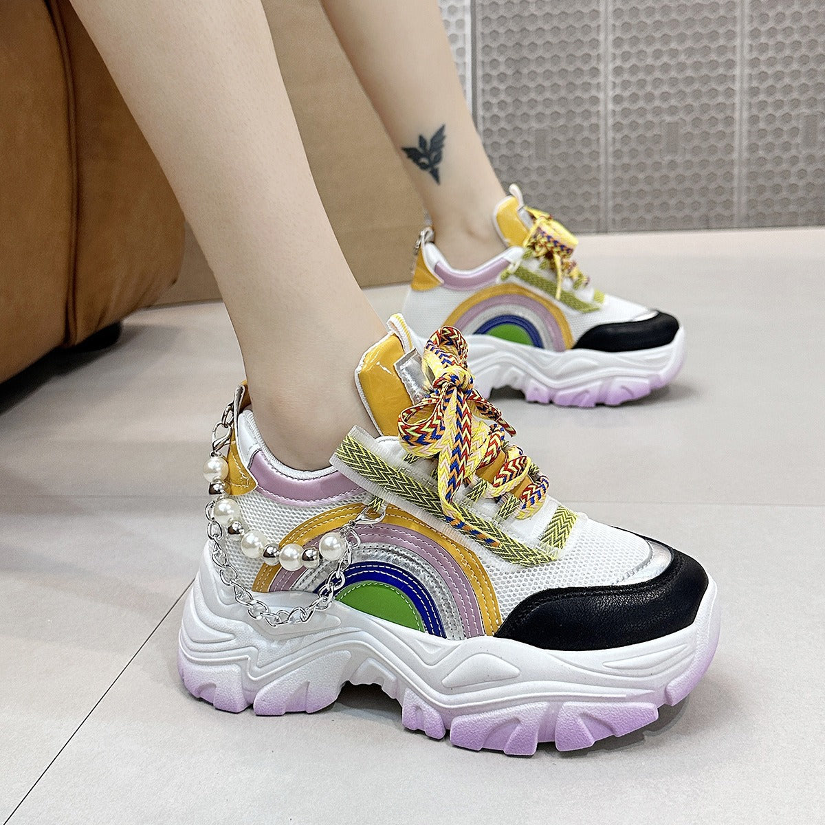 Lace Up Rainbow Colors Platform Pearls Chain Patchwork Fashion Girls Breathable Running Shoes