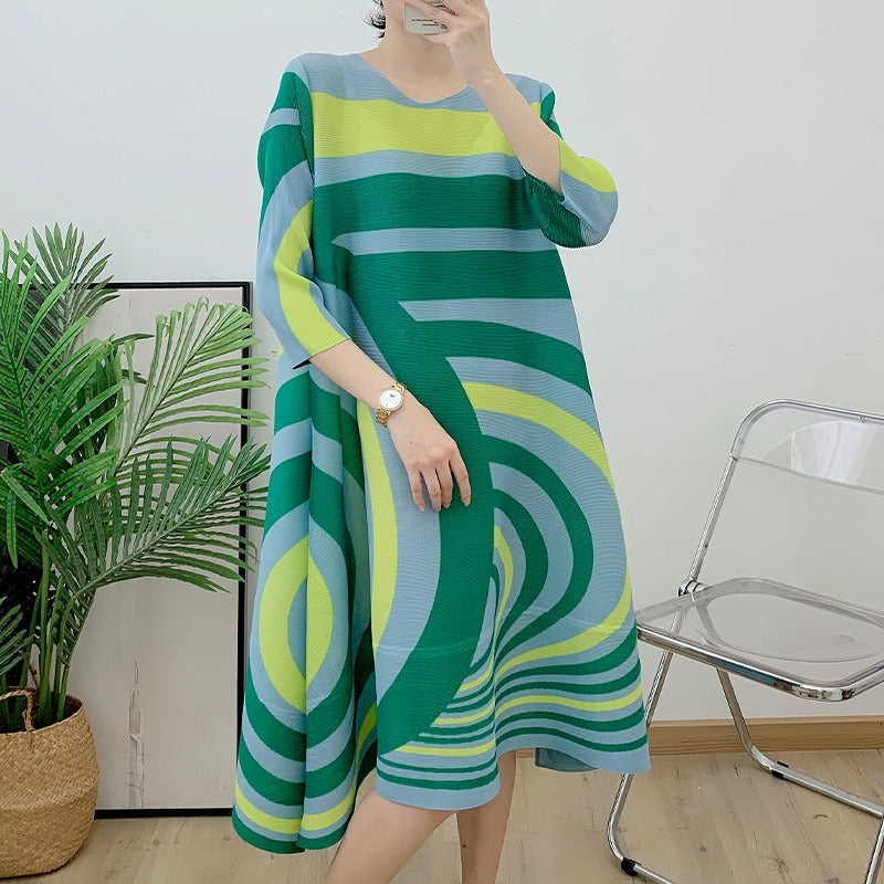 Autumn striped printed loose size A-line skirt for mom's pleated mid length style